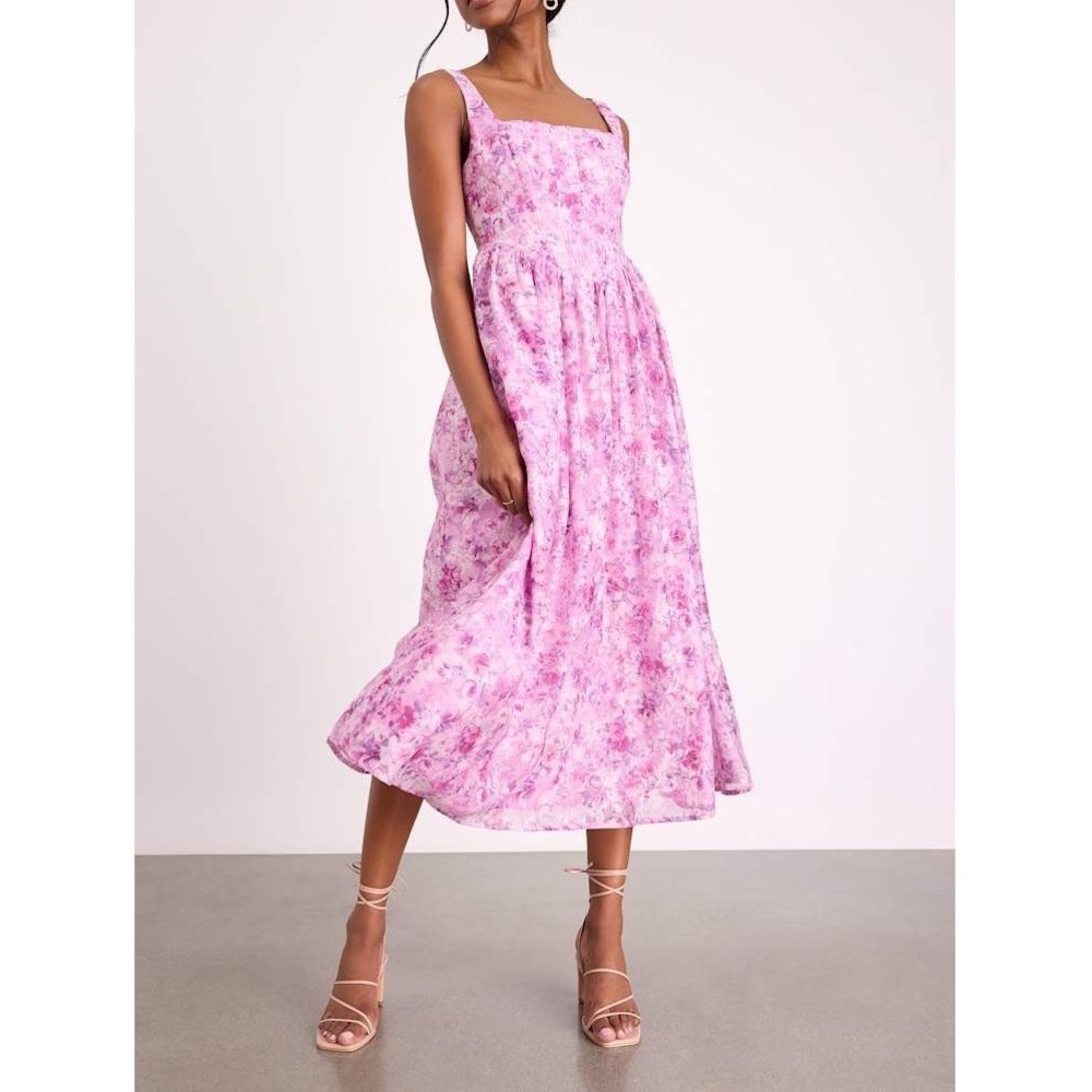 NWT Lulus Colwyn Light Magenta Floral Jacquard Bustier Midi Dress Small